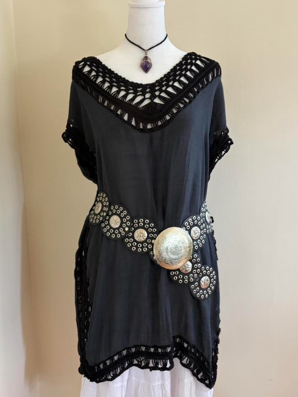 Vintage Y2K black crochet poncho tunic top dress romantic boho whimsygoth S-M-L